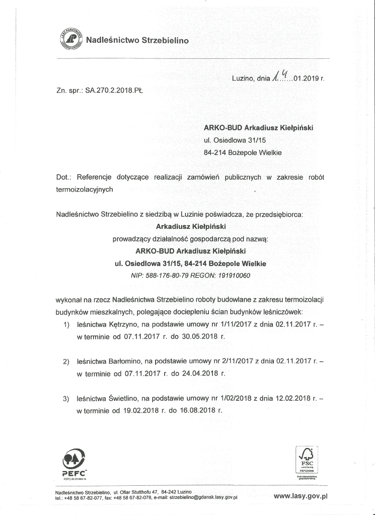 List referencyjny — klient ARKO-BUD